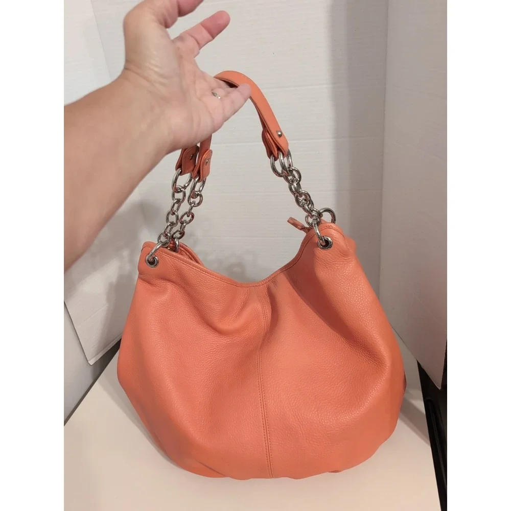 Bodhi Pebbled‎ Leather Peach Hobo Bag With Silver Chain Straps